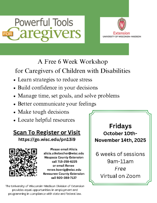 Flyer promoting a free 6-week virtual workshop for caregivers of children with disabilities. The workshop runs Fridays, October 10–November 14, 2025, from 9–11 a.m. on Zoom. Participants will learn strategies to reduce stress, build confidence, manage time, and find helpful resources. Registration link included.