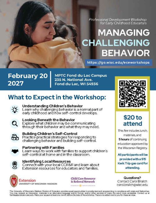 Flyer promoting the "Managing Challenging Behavior" professional development workshop for early childhood educators on February 20, 2027, at MPTC Fond du Lac Campus. Workshop includes 5 hours of continuing education, lunch, practical behavior-management strategies, and resources for working with children and families. Registration fee is $20.